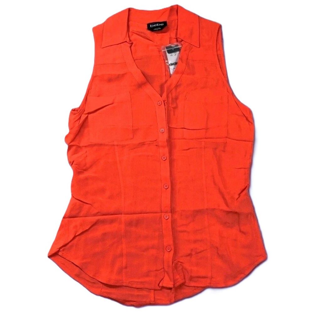 Bebe Women’s Small Sleeveless Button Up Blouse Bright Orange Rayon Top NWT